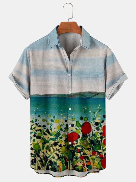 

Cotton And Linen Holiday Leisure Short-sleeved Shirt, As picture, Men's Floral shirt