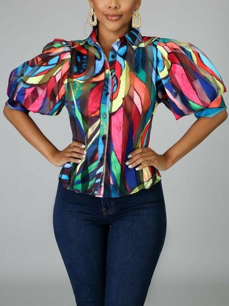 

Abstract Regular Fit Short Sleeve Blouse, Multicolor, Blouses and Shirts