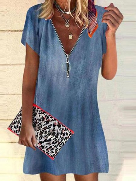 

Casual V Neck Plain Short Sleeve Woven Dress, Blue, Mini Dresses