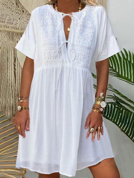 

V Neck Plain Short Sleeve Woven Dress, White, Mini Dresses