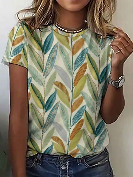 

Vintage Abstract Leaf Print Crew Neck Short Sleeve T-Shirt, As picture, T-shirts