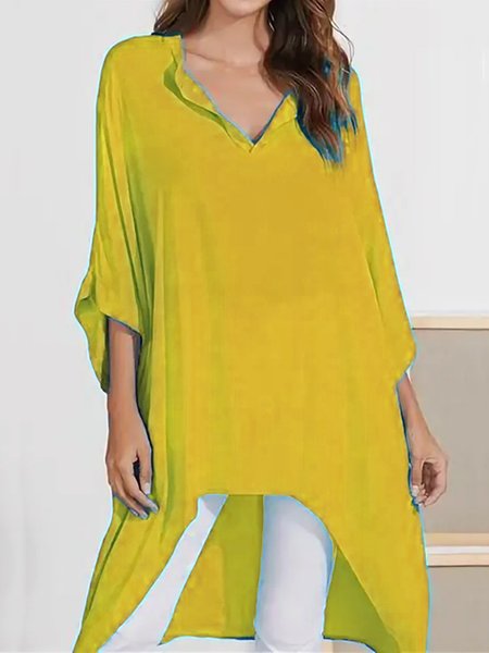 

Stand Collar Solid Loosen Long Sleeve Tops, Yellow, Shirts & Blouses