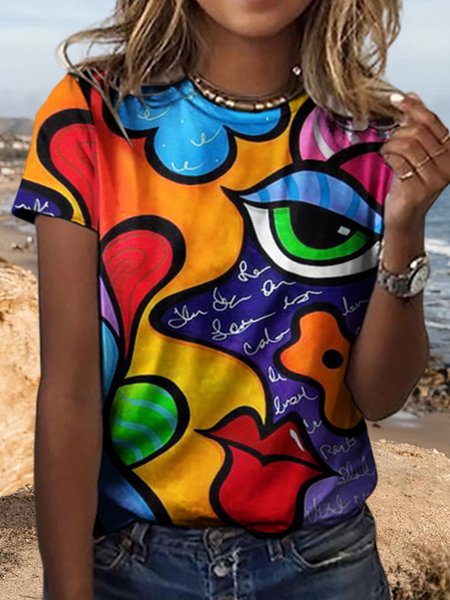 

Casual Crew Neck Loosen Short Sleeve Tops, Multicolor, Tops
