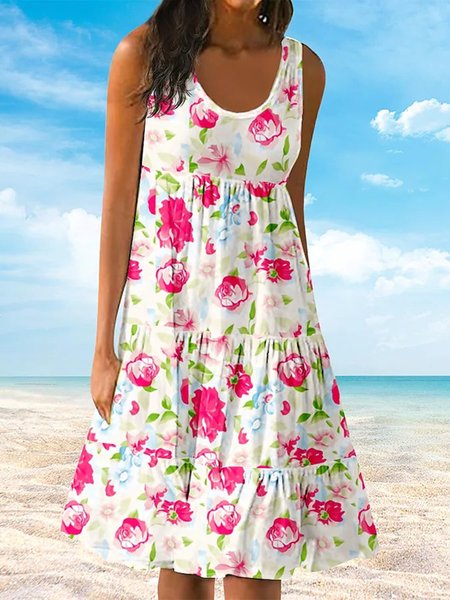 

Floral Vacation Casual Beach Daily Sleeveless A-line Dresses, White, Mini Dresses