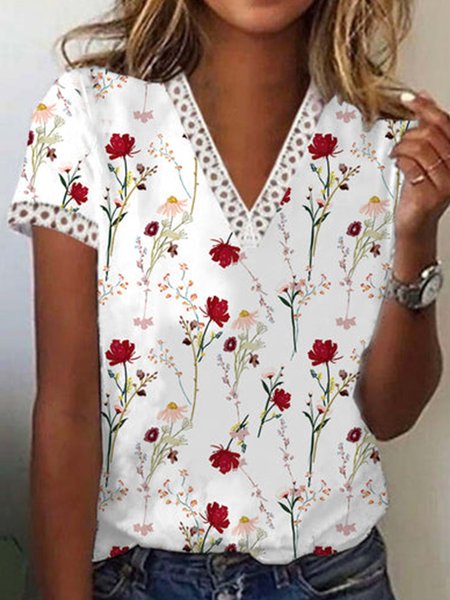 

Boho V Neck Floral Short Sleeve T-Shirt, White, T-Shirts