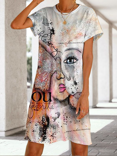 

Gradient Face Vintage Art Print Dress Casual Loosen Short Sleeve Woven Dress, Light gray, Dresses