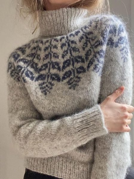 

High Neck Geometric Tribal Long Sleeve Sweater, Gray, Sweaters