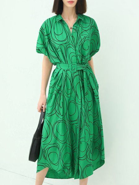 

Vacation Short Sleeve Abstract Printed Shirt Collar Dress, Green, Maxi Dresses