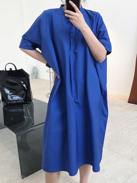 

Loosen Plain Stand Collar Short Sleeve Woven Dress, Blue, Midi Dresses