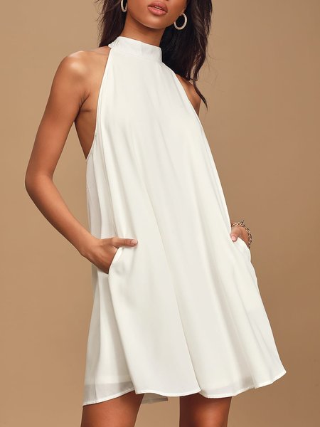 

Casual Loosen Halter Sleeveless Woven Mini Dress, White, Mini Dresses