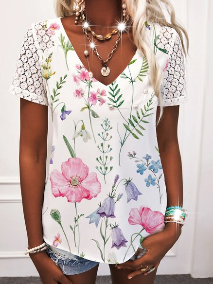 

Floral V Neck Casual Lace Short Sleeve Tops, White, Tees & T-shirts