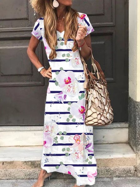 

Striped Floral Loosen Short Sleeve Knit Dress, Multicolor, Maxi Dresses