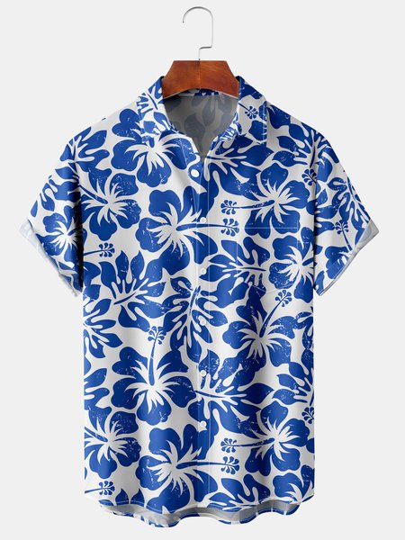 

Hibiscus Graphic Men's Casual Short Sleeve Chest Pocket Hawaiian Shirt, Blue, Men's Floral shirt
