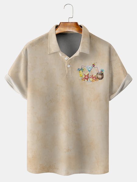 

Resort-Style Hawaiian Floral Cocktail Pattern Lapel Short-Sleeved Polo Print Top, Khaki, Men's t-shirts
