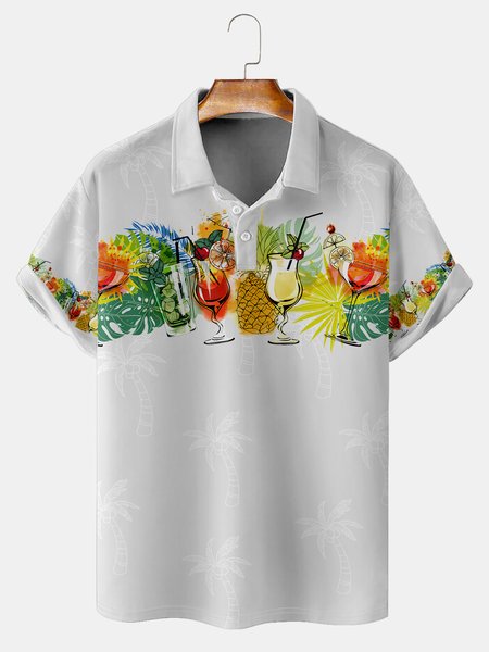 

Resort-Style Hawaiian Collection Floral And Botanical Cocktail Elements Pattern Lapel Short-Sleeved Polo Print Top, White-gray, Men's t-shirts