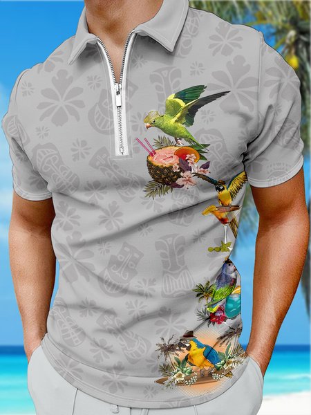 

Resort Hawaiian Floral Cocktail Animal Pattern Lapel Short Sleeve Polo Print Top, Light gray, Men's t-shirts