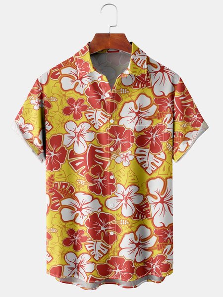 

Hibiscus Graphic Men's Casual Short Sleeve Chest Pocket Hawaiian Shirt, Yellow, Men's Floral shirt