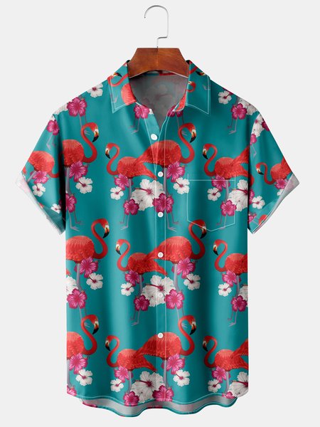 

Flamingo Graphic Men's Casual Short Sleeve Chest Pocket Hawaiian Shirt, Green, Men's Floral shirt