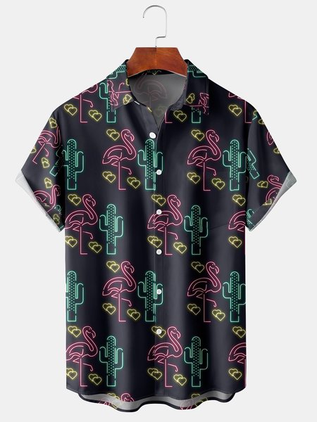 

Flamingo Graphic Men's Casual Short Sleeve Chest Pocket Hawaiian Shirt, Navyblue, Men's Floral shirt