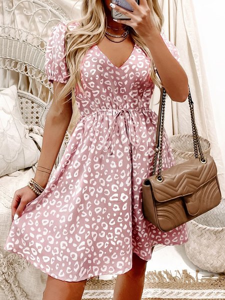 

Casual V Neck Short Sleeve Woven Dress, Pink, Mini Dresses