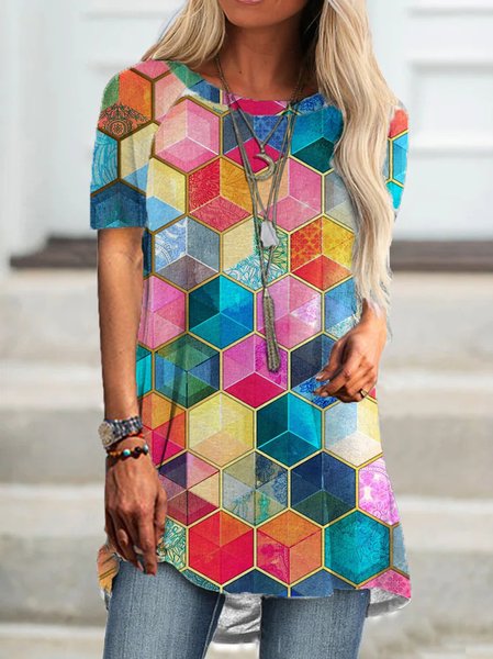 

Casual Geometric Raglan Sleeve Crew Neck Short Sleeve T-Shirt, Multicolor, T-Shirts