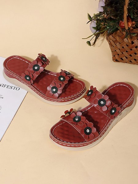 Three-dimensional Flowers Casual Wedge Heels Slippers, Red, Sandals