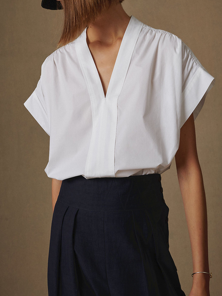 

Summer V neck Lightweight Casual Short Sleeve Daily Tops, White, Tops