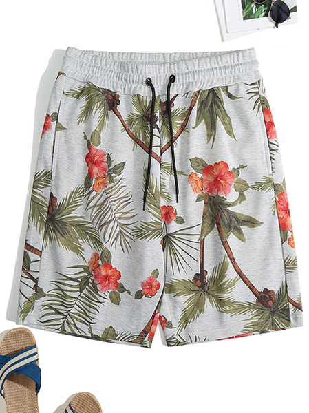 

Casual Style Hawaiian Plants Floral Leaves Men's Shorts, Gray, Shorts