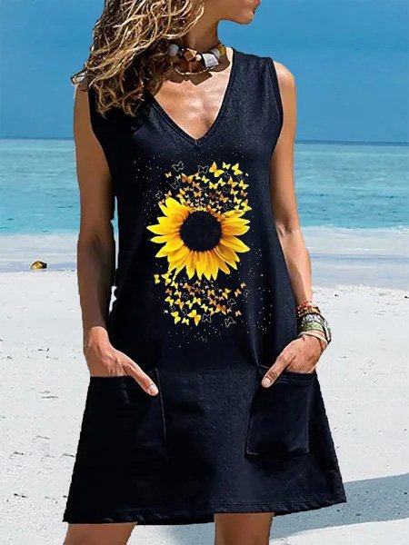 

V Neck Casual Sunflower Short Sleeve Knit Dress, Black, Dresses