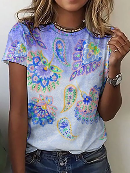 

Casual Abstract Paisley Print Crew Neck Short Sleeve T-Shirt, As picture, T-shirts
