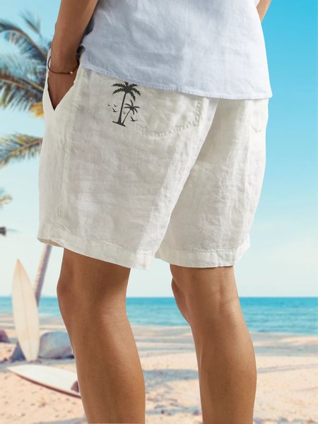 

Men's Cotton Linen Coconut Embroidered Casual Shorts, White, Shorts