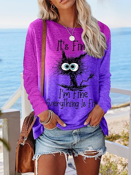 

It's Fine I'm Fine Everything Is Fine Gradient Letter Print Casual T-shirt, Purple, Tops