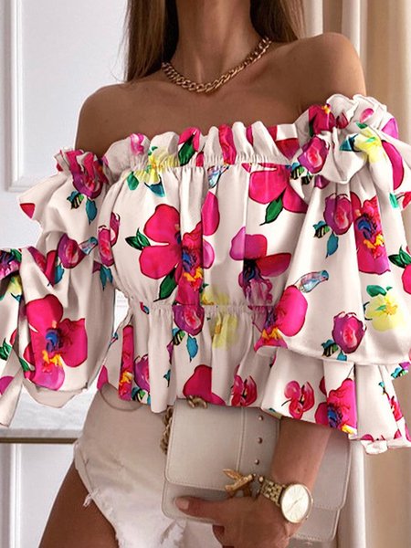 

Off The Shoulder Cute Short Sleeve Top, Flower, Tops