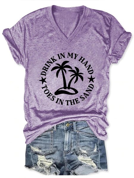 

Drink In My Hand Toes In The Sand Letter Casual Cotton Blends Short Sleeve T-Shirt, Purple, T-shirts