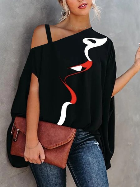 

Daily Loosen Asymmetrical Neck Top, Black, Blouses and Shirts