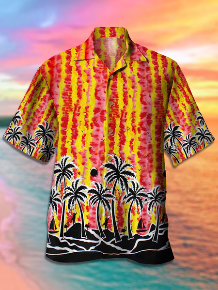 

Resort Style Hawaii Series Gradient Striped Plant Coconut Tree Element Pattern Lapel Short-Sleeved Shirt Print Top, Multicolor, Men's Floral shirt