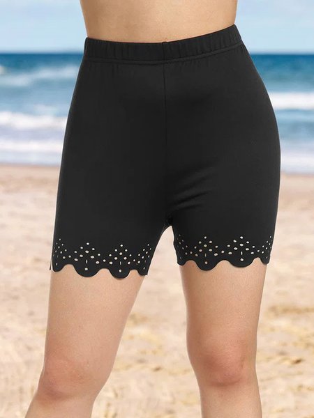 

Plain, patternless, laser embossed, hollow out, elastic waist fit, high elastic wave edge pants and shorts Plus Size, Black, Shorts