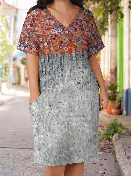 

Casual Abstract Gradient Print V-Neck Short Sleeve Midi Dress, As picture, Casual Dress