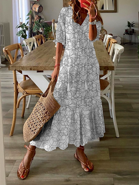 

V Neck Loosen Short Sleeve Woven Dress, White, Maxi Dresses