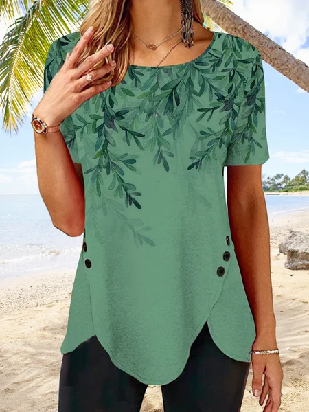 

JFN Round Neck Floral Tulip Hem Vacation Tunic Tops, Multicolor, T-Shirts