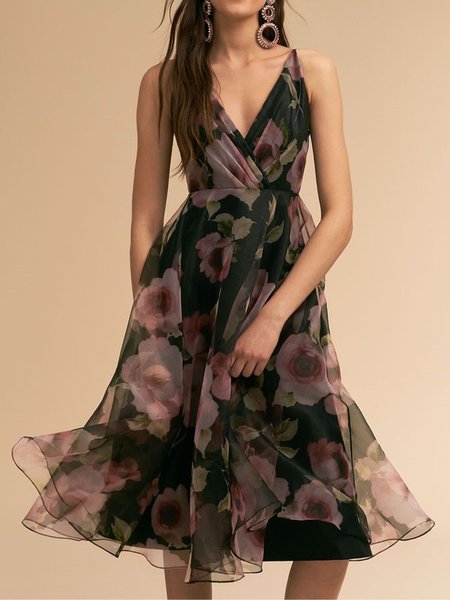 

Elegant Regular Fit Floral Sleeveless Woven Dress, Black, Midi Dresses