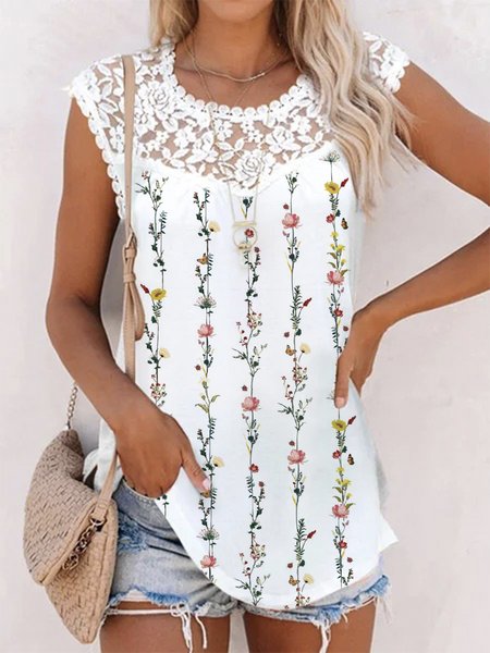 

Floral Lace Crew Neck Plus Size Casual, White, Tank Top
