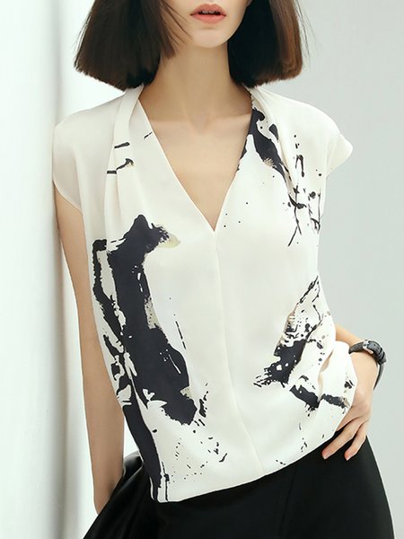 

Printed Abstract Elegant Short Sleeve Top, White, Tops