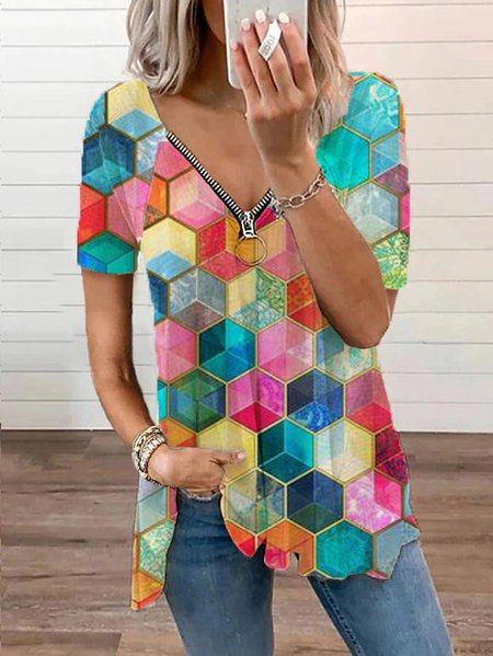 

Casual V Neck Geometric Short Sleeve Tops, Multicolor, Shirts & Blouses