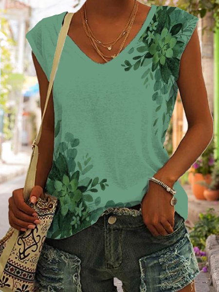 

Casual Vacation V Neck Floral Knit, Green, Tanks & Camis