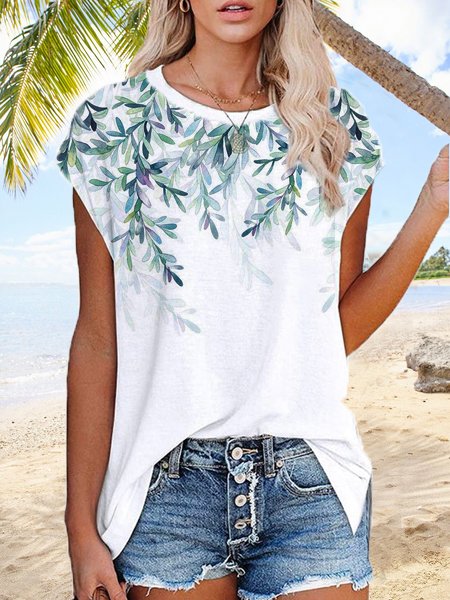 

Crew Neck Leaves Loosen Short Sleeve T-Shirt, Green, Tees & T-shirts