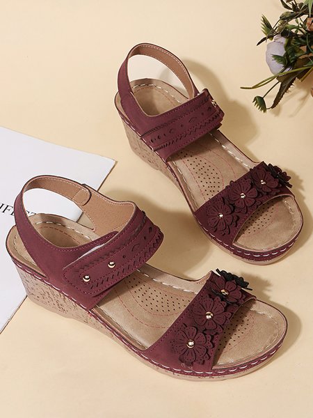 

Beaded 3D Floral Casual Wedge Sandals, Red, Sandals