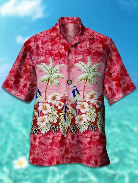 

Holiday Style Hawaiian Series Plant leaf Parrot Element Pattern Lapel Short-Sleeved Shirt Print Top, Red, Men's Floral shirt
