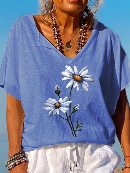 

Womens Floral Printed Casual Short Sleeve T-Shirt, Blue, T-shirts