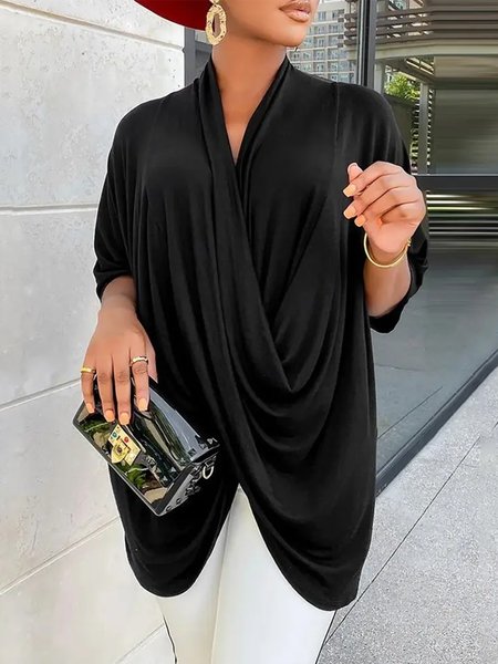 

Casual Cross Front Loosen Half Sleeve Top, Black, Tops